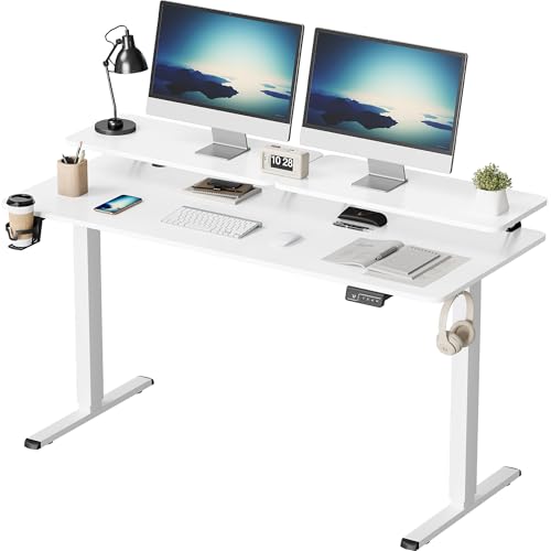 Furmax Electric Standing Desk with Monitor and Laptop Workstation, 55 x 24 Inches Height Adjustable Sit Stand Up Desk, Computer Workstation with Cup Holder and Hook, Holes for Cables(White, 55)