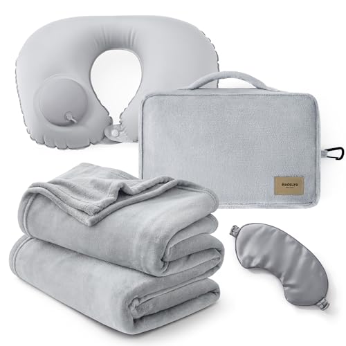 Bedsure Travel Blanket Set with Inflatable Neck Pillow and Eye Mask - Lightweight 3-in-1 Airplane Packable Blanket, Compact Travel Essentials, Grey