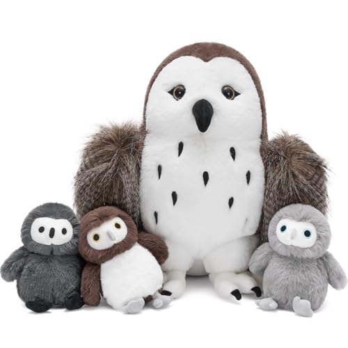 Karister 4Pcs Owl Plush Set, 18 Inch Mother Stuffed Animal with 3 Baby Owls Inside, Soft Brown Plushie Gift for Kids, Girls and Boys, Christmas Birthday Baby Shower, Brown