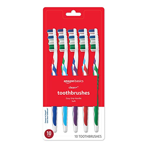 Amazon Basics Clean Plus Soft Bristle Toothbrushes with Angled End-Tuft, Cheek and Tongue Cleaner, Full Size, 10 Count, 1 Pack (Previously Solimo)
