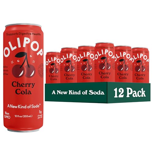 OLIPOP Prebiotic Soda Pop, Cherry Cola, Pantry Pack Packed with Prebiotics, Fiber, and Botanicals, Gluten Free, GMO Free, 12oz Skinny (12-Cans)