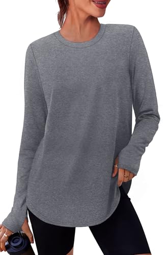 Long Sleeve Shirts for Women Crewneck Workout Tops for Running Hiking Yoga Pilates Outfits for Women UPF 50+ Sun Fishing Shirts with Thumb Holes Gray M