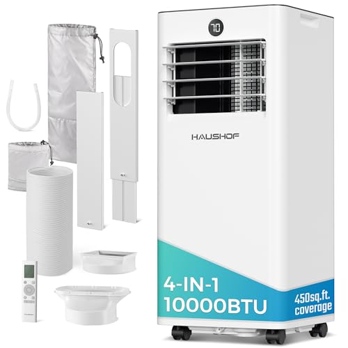 HAUSHOF Portable Air Conditioner, 10000 BTU Portable AC Unit with Cool, Fan, Dry & Sleep Mode for Rooms up to 450 sq.ft, Remote Control, 24H Timer, Window Kit & Exhaust Hose Sleeve Included, White