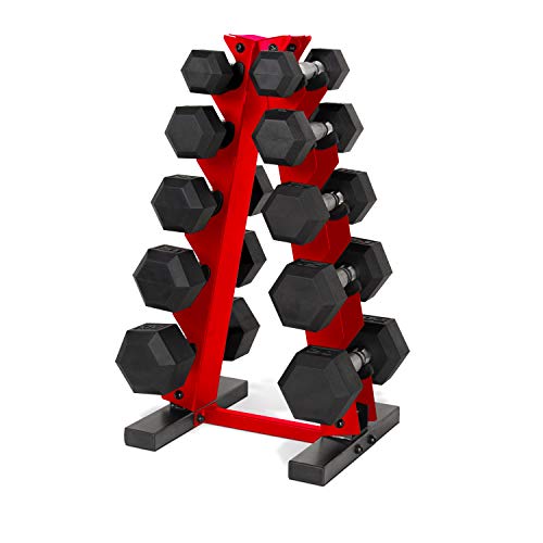 CAP 150 LB Rubber Coated Hex Dumbbell Hand Weight Set with Vertical Storage Rack - Chrome Handle | Red Rack