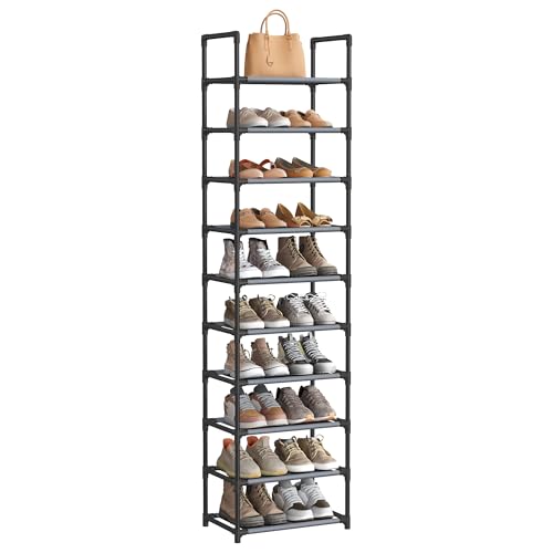 SONGMICS Shoe Rack, 10-Tier Shoe Shelf, Shoe Storage Organizer, 11 x 17.7 x 68 Inches, Metal Frame, Non-Woven Fabric Shelves, for Entryway, Bedroom, Gray ULSH010G01