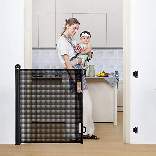 COMOMY Retractable Baby Gate for Stairs, 0-71" Mesh Dog Gate for House Doorways Hallways, 33" Tall Extra Wide Child Safety Gate for Kids Pets, Indoor and Outdoor (Black)
