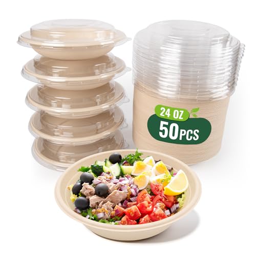 hooray mida 50-Pack 24oz Round Disposable Bowls with Lids - 100% Sugarcane Fiber, Paper Round Bowls for Soup, Salad, Ramen, Popcorn
