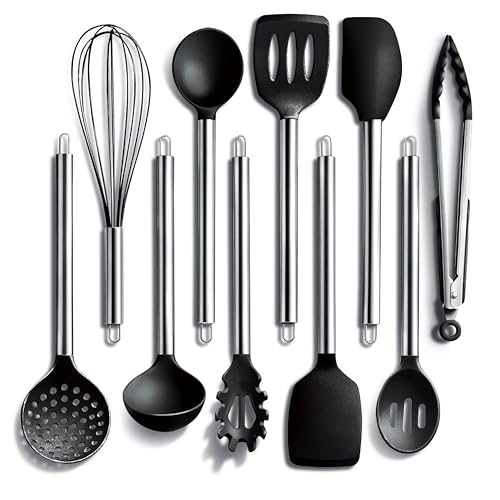 COOK WITH COLOR Silicone Cooking Utensils, Kitchen Utensil Set, Easy to Clean Silicone Kitchen Utensils, Cooking Utensils for Nonstick Cookware, Kitchen Gadgets Set, 10 Pieces, Black
