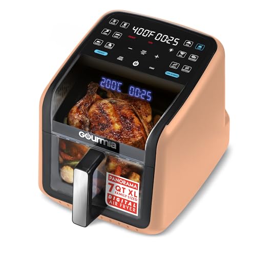Gourmia Air Fryer 7 QT - Easy View Panorama Window & Interior Light, Guided Cooking with 12 One-Touch Presets, FryForce 360, Dishwasher Safe Accessories, Peach