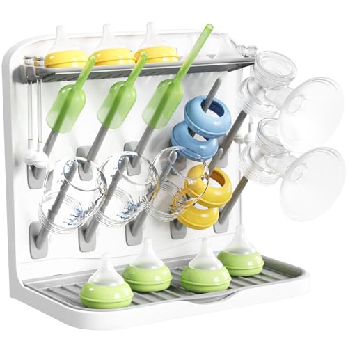Lifewit Baby Bottle Drying Rack with 10 Hooks, Vertical Rack Dryer with Removable Pacifiers Box, Drip Tray, Space Saving Countertop Holder Organizer for Weighted Straws, Pump Parts