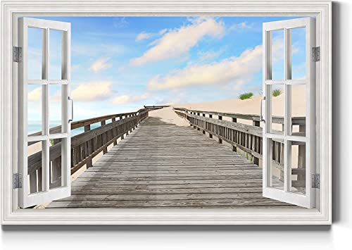 Renditions Gallery Canvas Art Window View for Home Sandy Beachscape with Old Wooden Pier Path Canvas Hanging Artwork for Bedroom Living Room Office Decor - 32X48 LT38