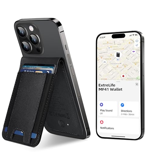 ExtreLife MagSafe Wallet, Work with Apple Find My, Magnetic Phone Wallet Stand for iPhone 17/16/15/14/13/12 Series, 8 Card Holder, RFID Blocking, Rechargeable, Classic Black