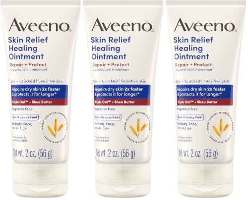 Aveeno Skin Relief Healing Ointment, Repair & Protect Extra Dry, Cracked Skin, Glycerin Protectant with Triple Oat & Shea Butter, Fragrance-Free & Non-Greasy Feel, Travel Size, 2.0 oz (Pack of 3)