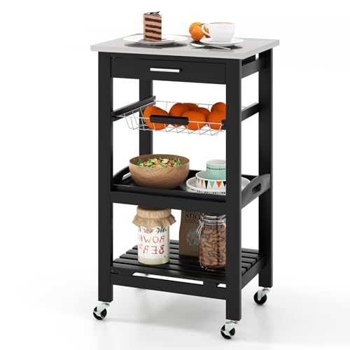 Giantex Kitchen Island Cart, Mobile Kitchen Storage Cart with Stainless Steel Tabletop, Drawer, Basket, Shelf, Serving Tray, Rolling Utility Trolley Cart on Wheels for Coffee Bar Dining Room, Black
