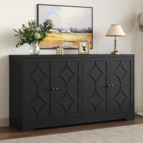 RoyalCraft Sideboard Buffet Cabinet with Storage, 56" Modern Sideboard with 4 Carved Doors and Adjustable Shelves, Large Wood Coffee Bar Console Table for Kitchen, Dining Room, Living Room, Black