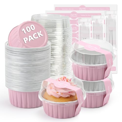 Ruckae 5oz 100 PCS Round Mini Loaf Pans with Lids,Mini Cake Pans with Lids,Disposable Aluminum Foil Ramekins Baking Cups for Birthday Party Weddings (Pink, 5oz)