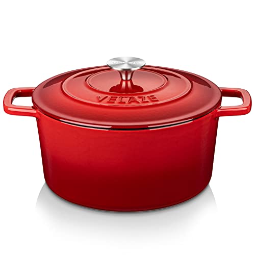 Velaze 6 QT Enameled Cast Iron Dutch Oven, Dual Handles Pot with Lid, Heavy-Duty Non-stick Round Oven for Bread Baking, Stewing, Roasting, Good Sealing for All Heat Source (Red)