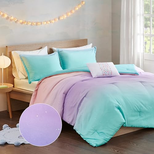 Intelligent Design Queen Comforter Set Full Bed Reversible Colorful Metallic Glitter Ombre Printed Modern, All Season Bedding Set, Sham & Toss Pillow, Glimmer Pink Purple Rainbow Full/Queen 4 Piece