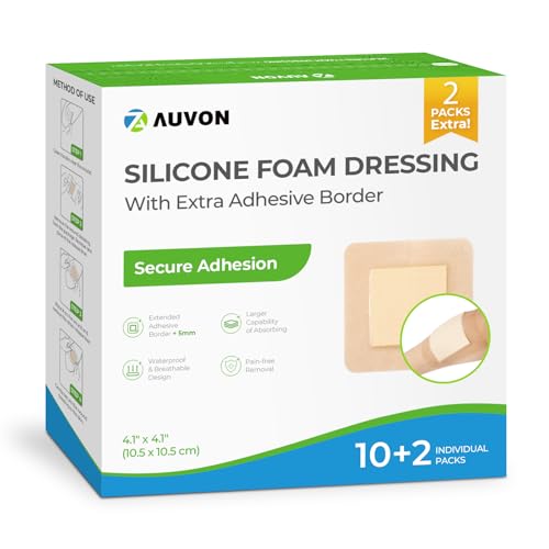 AUVON Silicone Foam Dressing with Large Adhesive Border, 4" x 4" 12 Packs Wound Dressing Bandage with High Absorbency, Waterproof Silicone Foam Pads for Wound Care & Protection Plus Cushioning