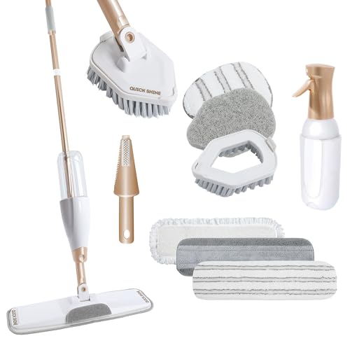 Quick Shine Ultimate Gold Spray Mop Kit, 10 Piece Set w/ Interchangeable Attachments | 2-in-1 Pro Cleaning System w/ Microfiber Pads for All Floor Types | No Batteries Needed