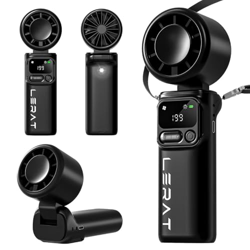 Lerat Portable Handheld Turbo Fan, 5-Speed High Power Mini Fan, 4000mAh Rechargeable Battery Operated, 3-in-1 Foldable Personal Fan for Travel, Beach, Cruise, Gifts for Women Men, Black