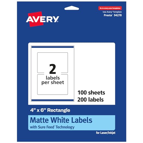 Avery Matte White Rectangle Labels, Sure Feed Technology, 4" x 6", 200 White Labels, Print-to-The-Edge, Permanent Adhesive, Laser/Inkjet Printable