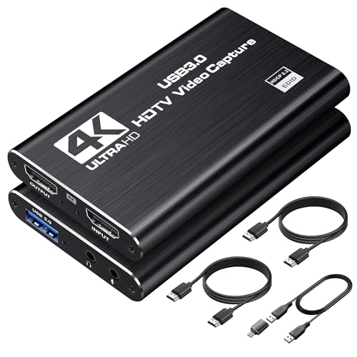 4K HDMI Capture Card for Streaming, 1080P 60FPS USB 3.0/Type-C Game Video Capture Card with 4K HDMI Loop-Out, Includes 2pcs HDMI Cables & USB Cable, Works for PS5/PS4/Switch/Xbox/PC/Camera/OBS (Black)