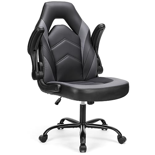 Sweetcrispy Computer Video Game Desk Chair - Ergonomic Comfy Lumbar Support, PU Leather with Flip-up Armrest, Height Adjustable and 360° Swivel, for Adults, Black Grey
