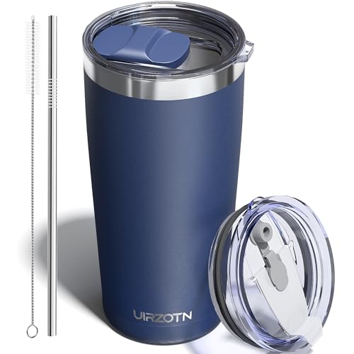 UIRZOTN Travel Coffee Tumbler 20oz, Travel Coffee Mug with Dual Lids and Straw, Stainless Steel Double Wall Vacuum Insulated Tumbler for Hot/Iced Drinks (Textured Matte, Navy Blue)