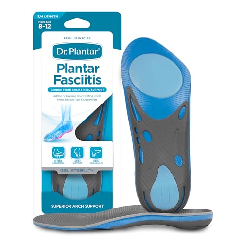 Dr. Plantar Insoles for Men, Arch Support, Heel Cushion, Memory Foam, Gel Stabilizers, 3/4 Length, Sizes 8-12, Helps Relieve Pain from Plantar Fasciitis