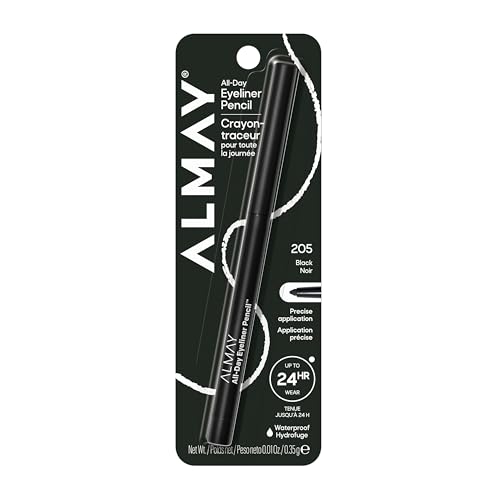 Almay All-Day Eyeliner Pencil, Smudge Proof, Waterproof Eye Makeup, Hypoallergenic, Built-In Sharpener, 205 Black, 0.01 oz