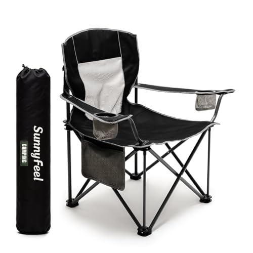 SUNNYFEEL Camping Chairs for Adults, Oversized Camping Chair Heavy Duty 500LBS, Portable Lawn Chair with Cup Holder, Side Pocket&Bag for Outdoor Camping/Beach/Picnic/Fishing, Black