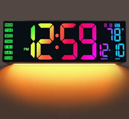 ANSOPER 16.5" Large Digital Wall Clock with Remote Control, Auto-Dimming LED Display with Date Temp, Big Number Wall Mount Decor Clock for Seniors, Classroom, Dorm, Home, Office, Gym Colorful