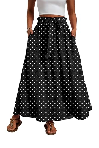 Mintreus Womens Summer Long Skirt Elegant High Waist Flowy A-Line Maxi Skirts for Cocktail Party Wedding(Polka White Black-M)