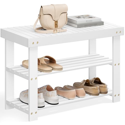 SONGMICS Shoe Rack Bench, 3-Tier Bamboo Shoe Storage Organizer, Entryway Bench, Holds Up to 286 lb, 11.3 x 27.6 x 17.8 Inches, for Entryway Bathroom Bedroom, Cloud White ULBS004W01