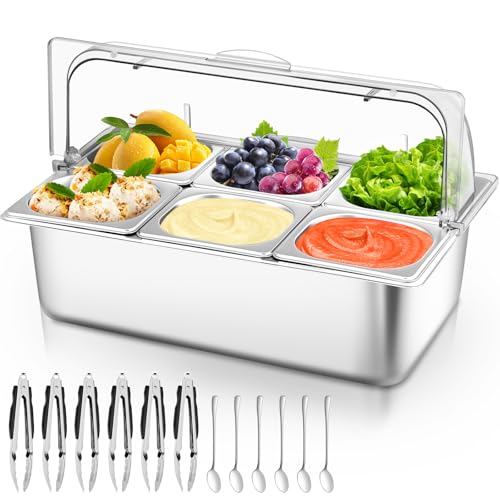 Countertop Food Serving Display Container with Clear Roll Top Cover, Stainless Steel Salad Serving Tray Condiment Dispenser Ice Food Serving Display Tray for Buffet Restaurant Kitchen Party(6 Pan)