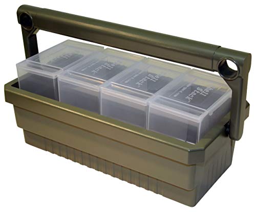 MTM SSC Shotshell Box Caddy with 4 Shell Stackers, Strong comfortable handle, USA Made, Army Green Caddy, Clear Boxes (Pack of 6)