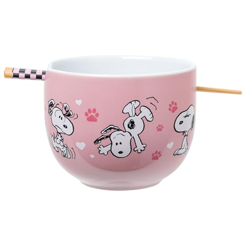 Silver Buffalo Peanuts Snoopy Poses Puppy Love Ceramic Ramen Noodle Rice Bowl with Chopsticks, Microwave Safe, 20 Ounces