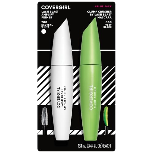 COVERGIRL Clump Crusher Mascara + Mascara Primer Bundle, 20X More Volume, Double Sided Brush, Long-Lasting Wear - 800 Very Black + 780 Neutral White Primer (Twin Pack)
