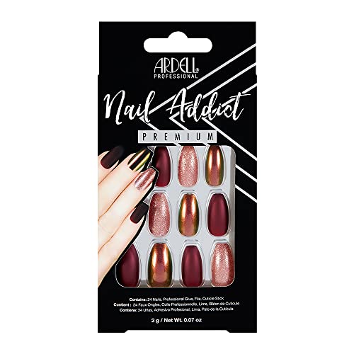 Ardell Nail Addict Premium Press On Nails – Long Coffin Fake Nails, Iridescent and Pink Accents, 24-Pc Diy Nail Extensions with Glue, Cuticle Stick & File