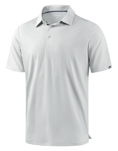 G Gradual Mens Golf Shirt Dry Fit Moisture Wicking Performance Short Sleeve Striped Polo Shirts for Men Dressy Casual (Light Grey Stripe, L)