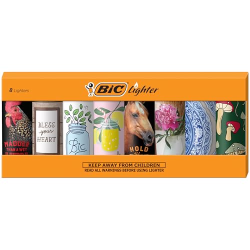 BIC Maxi Pocket Lighter, Special Edition Countryside Pop Collection, Assorted Unique Lighter Designs, 8 Count Pack of Lighters