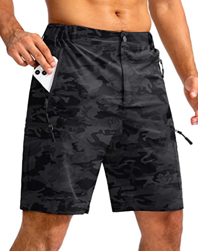 Pudolla Men's Hiking Cargo Shorts 9" Lightweight Outdoor Work Shorts for Men Travel Golf Camping Casual with 5 Zipper Pockets(Black Camo Medium)