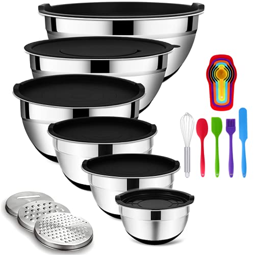 Rottay Mixing Bowls Set with Airtight Lids, 20PCS Stainless Steel, Nesting Bowls with 3 Grater Attachments & Non-Slip Bottoms, Size7, 4, 3, 2, 1.5, 1QT Bowls for Baking&Prepping
