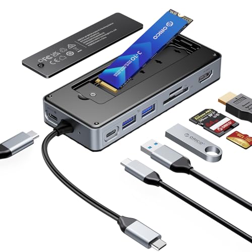 ORICO USB-C Hub with M.2 SSD Enclosure, 8-in-1 USB C Docking Station Fits M.2 NVMe/SATA SSD, 10Gbps, 4K@60Hz HDMI, 100W PD, SD/TF Card Reader