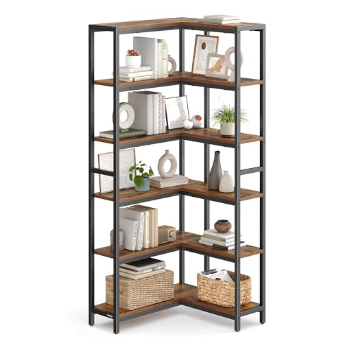 VASAGLE 6 Tier Bookshelf with Metal Frame, Convertible Industrial Corner Shelf, 9.4 x 40.2 x 69 Inches, for Living Room, Bedroom, Home Office, Rustic Brown and Ink Black ULLS606K01