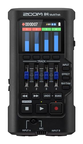 Zoom R4 Multi-Track Recorder for Musicians with 2 XLR/TRS Combo Inputs, 32-Bit Float, Stereo Bouncing Built-In Microphone, Effects, Rhythms, Battery Powered, USB Audio Interface