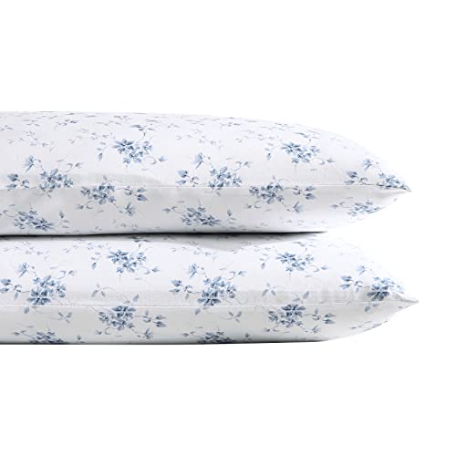 Laura Ashley - Standard Pillowcase Set, 100% Cotton Sateen, 300 Thread Count, Smooth and Silky Soft Floral Printed Fabric, Includes 2 Pillowcases (Garden Muse Blue)