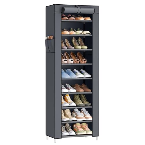 SONGMICS 10-Tier Shoe Rack, Shoe Storage Cabinet with Dustproof Cover, Free-Standing Storage Organizer for Closet, Entryway, Hold 20 Pairs of Shoes, for Sneakers, High Heels, Gray URXJ034GN02