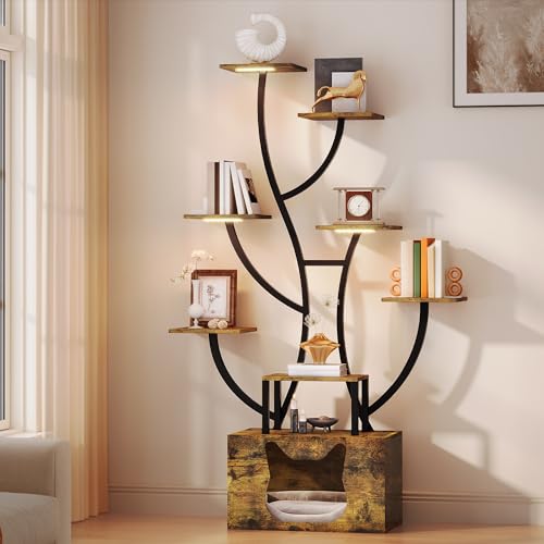 YITAHOME Tall Bookshelf with LED Light, Artistically Designed Tree Bookshelf with Cats Litter Box, 8-Tier Unique Bookshelves Corner Display Shelf for Home Office, Bedroom